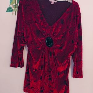 Roz & Ali Red & Black soft Velour Tunic Blouse